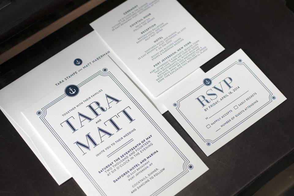 Letterpress nautical-themed wedding suite printed on Cranes #220 (invitations) and #110 (other pieces).