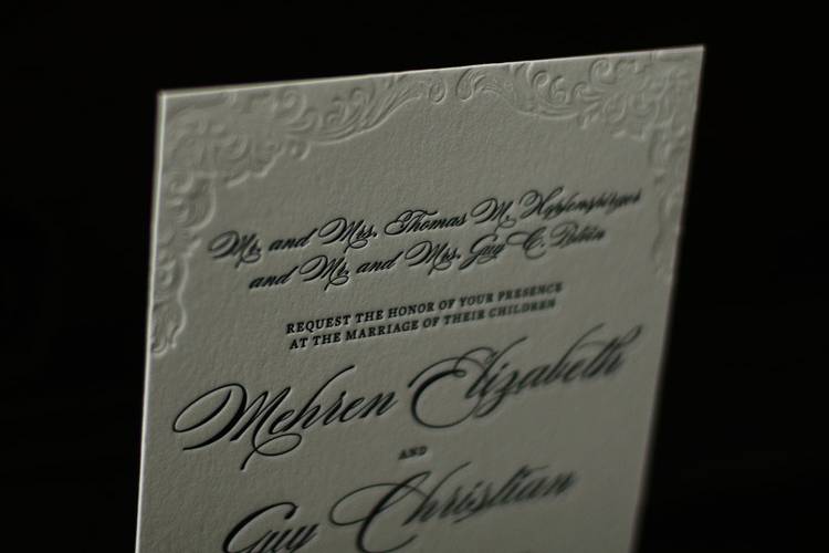 Beautiful, classic letterpress wedding invitation with blind embossing