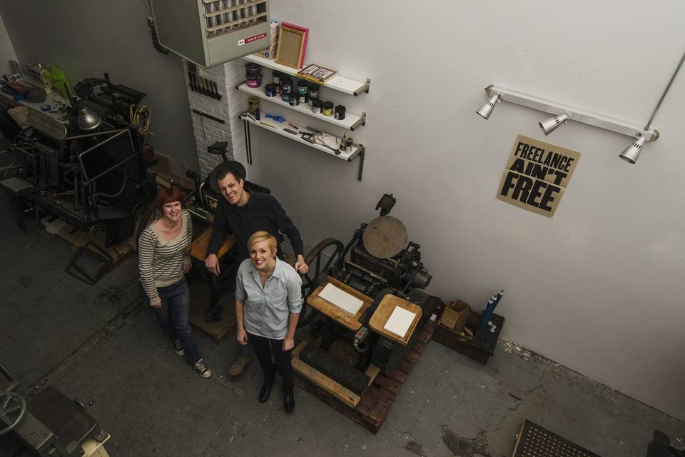 The Huckleberry Letterpress Co. team: Mary Hurley, Justin Reynolds, and Emily Sievert Reynolds.