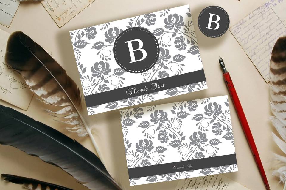 Monogrammed thank you card black and white