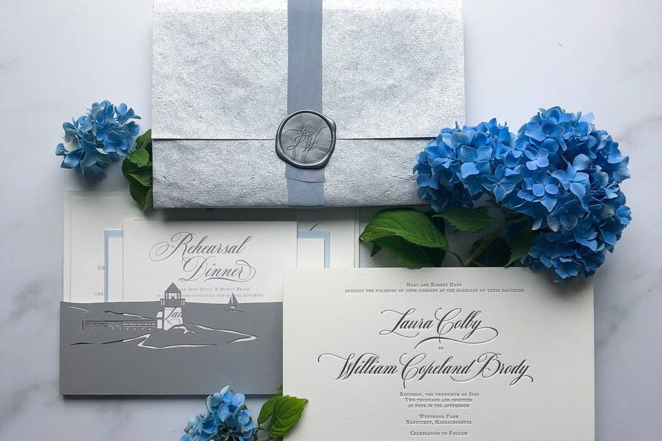 Silver and blue stationery