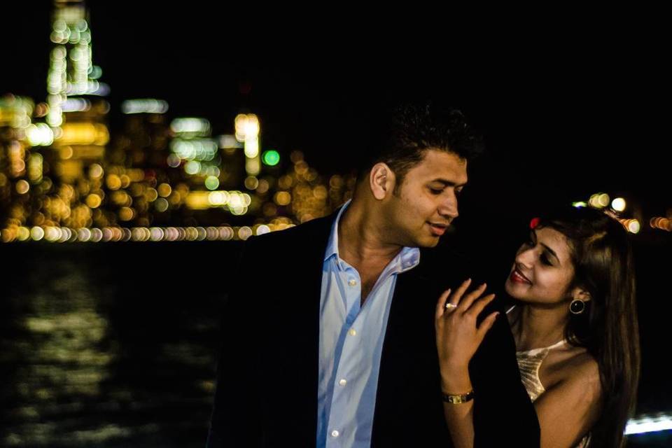 Newlyweds overlooking the city skyline