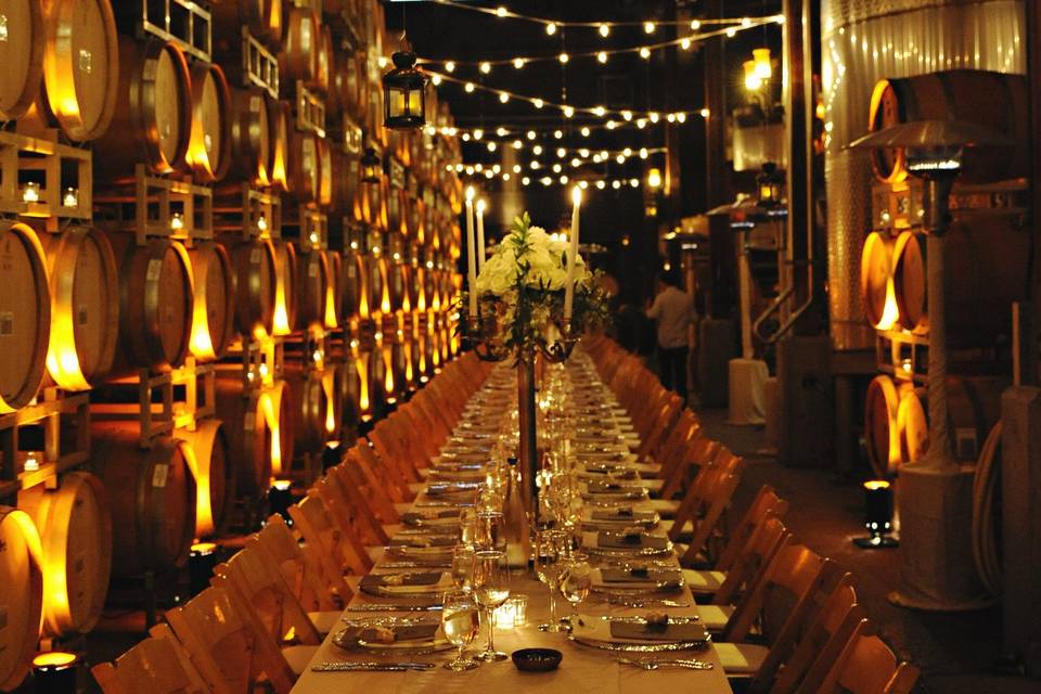 Long reception table setup and lighting