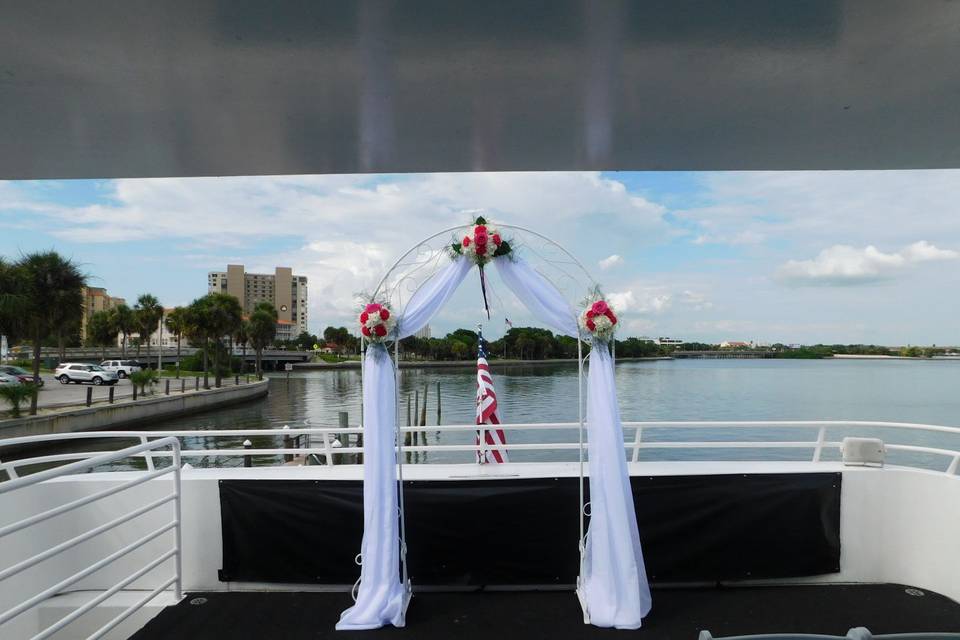 Metal arch on bow of yacht