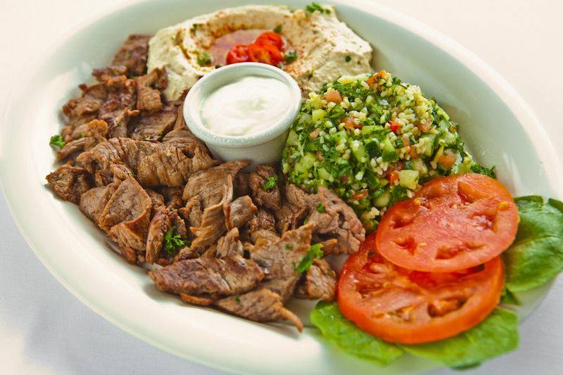 Beef Shawerma Plate with Garlic Sauce, Tabouleh & Hummus