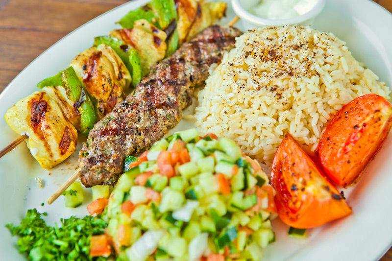 Chicken Kabob & Kofta Kabob Plate with Rice & Mediterranean Salad