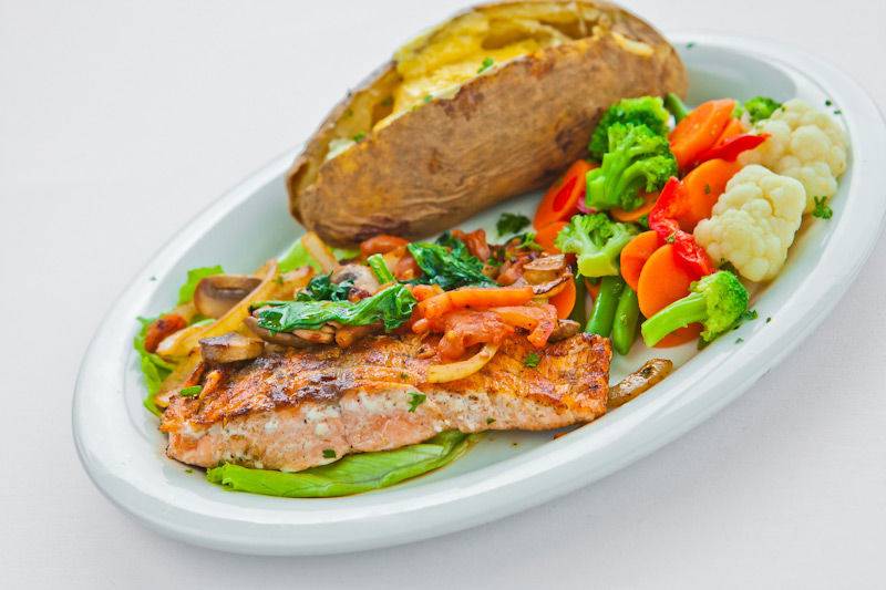 Grilled Salmon Platter with Baked Potato & Mixed Veggies