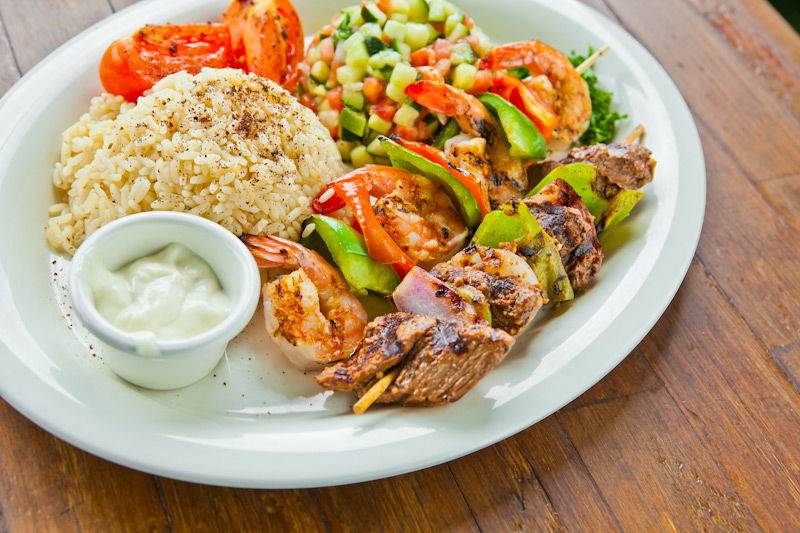 Shrimp Kabob & Beef Kabob Plate with Garlic Sauce, Rice & Mediterranean Salad