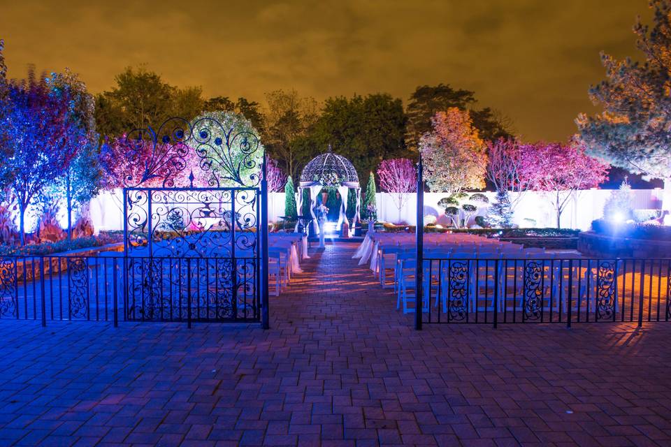 Outdoor ceremony site lit up