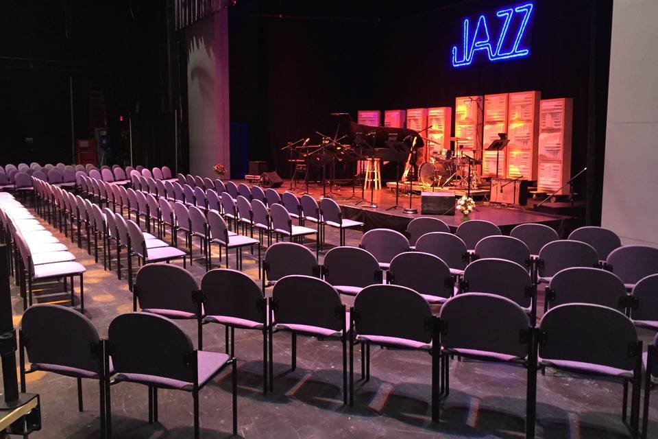 Along with the lobby, the Rozsa Center has a large theater that seats up to 1067.  The backstage area (shown) is also a great place to have a smaller more intimate event.  With the exposed elements of a stage, this space has a dramatic and industrial feel to it.  The backstage can host weddings, receptions or both.