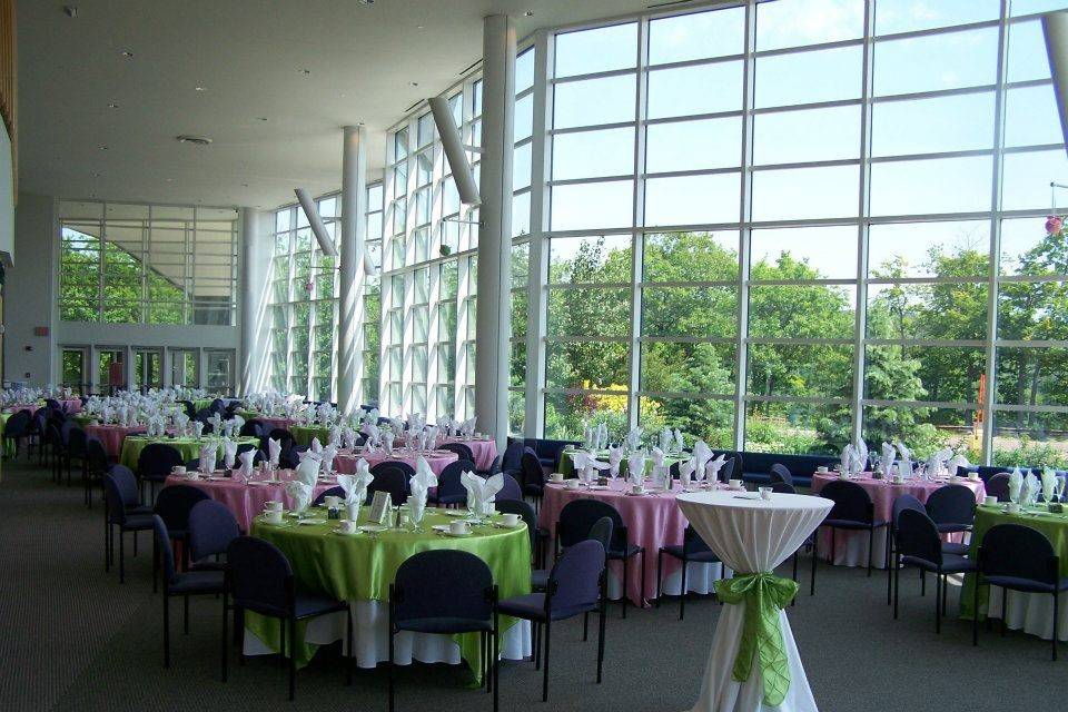 The Rozsa Center's lobby can seat up to 250 for dinner or up to 500 with a standing reception.  In-house catering and bar service makes planning the big day a snap.The great view from the lobby can give the feel of an outdoor wedding/reception without the worries of heat, cold, rain, snow or mosquitoes.
