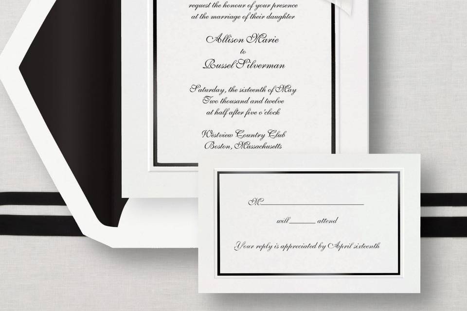 Simplicity  - This bright white card has an embossed border and a bold colored band to showcase your names at the top. Add a touch of elegance with a pre-tied stick-on organza bow. Exclusively Weddings offers this classic design with your choice of border color in Black, Gold, Pearl, Red, and Silver. Order Your Free Sample Today!