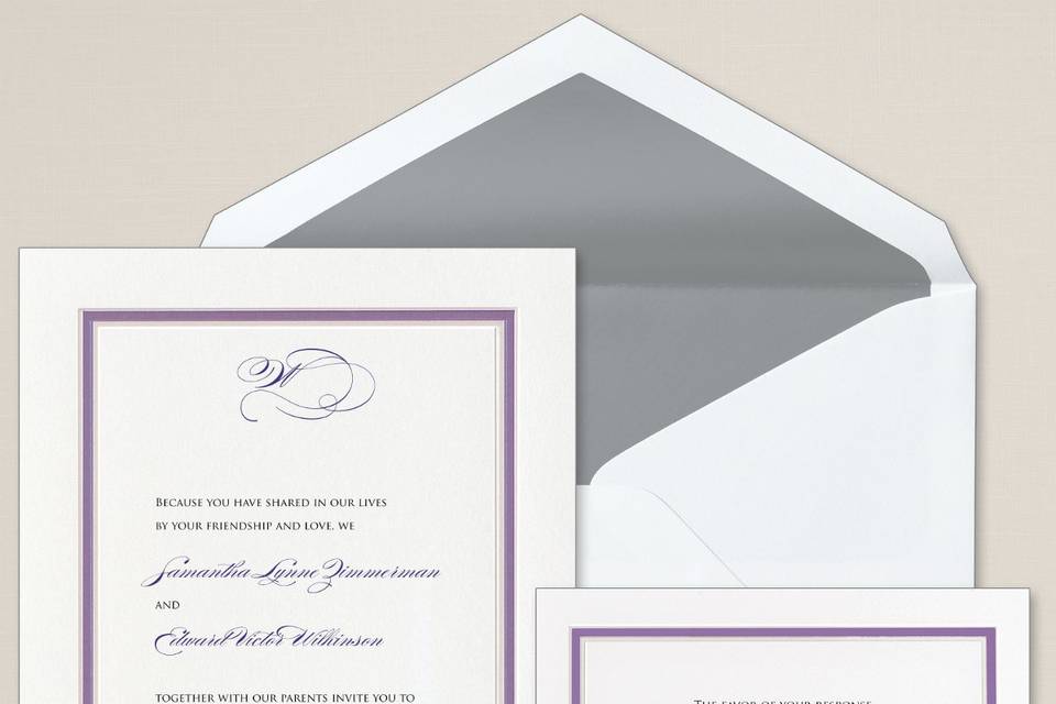 Colorful Chic - This contemporary wedding invitation features a sophisticated double-embossed border. Exclusively Weddings offers 7 exciting border color choices to highlight the simplicity and chic style of this invitation: black, brown, hot pink, lemon, purple, tangerine and tropical blue. Order Your Free Sample Today!