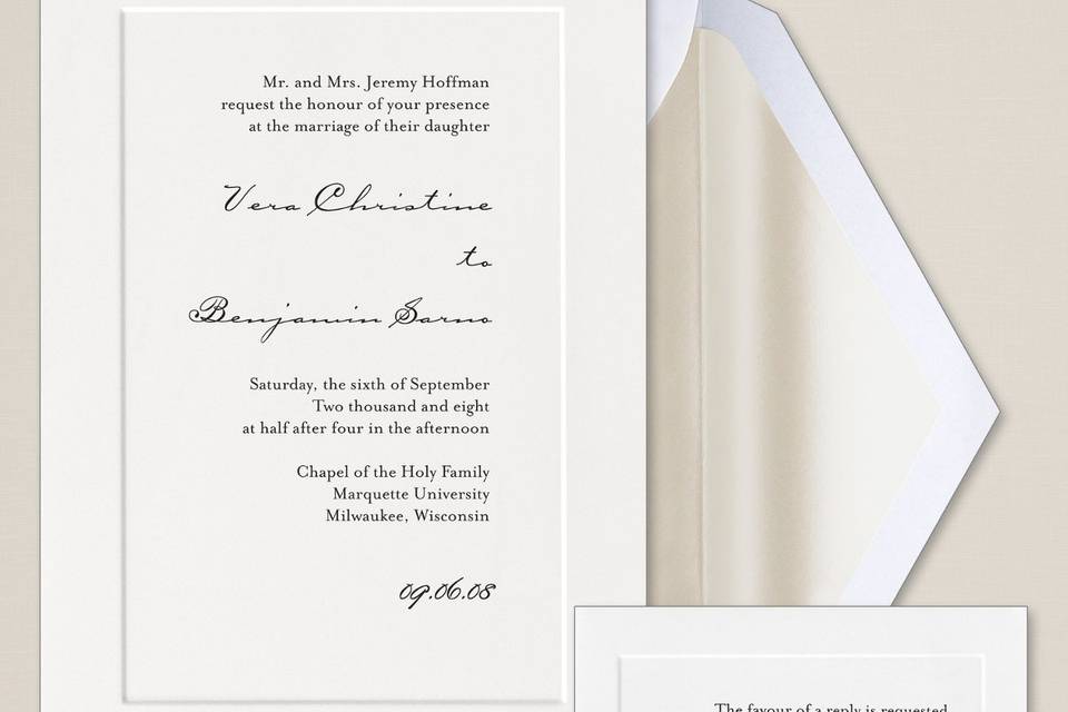 Calla Lily Beauty - Artfully embossed calla lilies border this classic non-folding wedding invitation. Exclusively Weddings offers this invitation in three classic paper colors: Bright White, Soft White and Ecru. Matching thank you note cards are also available in Soft White and Ecru only. Order Your Free Sample Today!