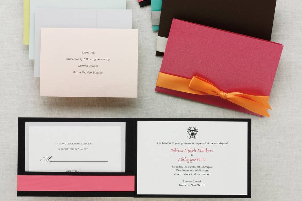 Stylish Wrap Invitation - Sleek and stylish, this all-inclusive pocket-style wedding invitation is sure to impress. Exclusively Weddings offers five reception card paper colors: Pink, Citron, Teal, Bright White and Antique White. The folder comes in your choice of Black, Brown, Azalea Pink and Lagoon Blue. (Ribbon sold separately.) Order Your Free Sample Today!