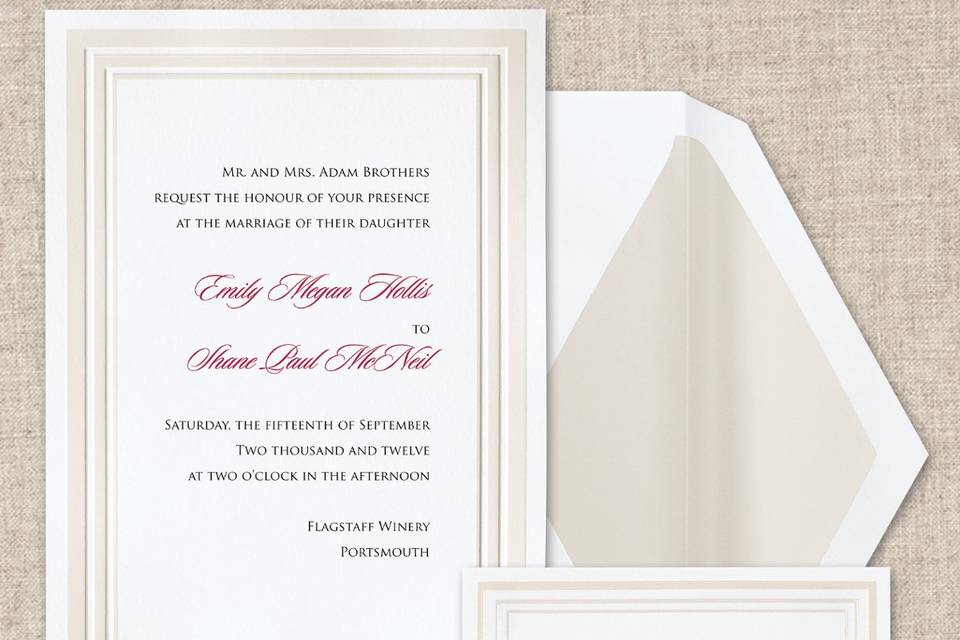 Pearl Pleasure - A wide,decorative pearl paneled border enhances this classic Bright White non-folding card from Exclusively Weddings. Order Your Free Sample Today!