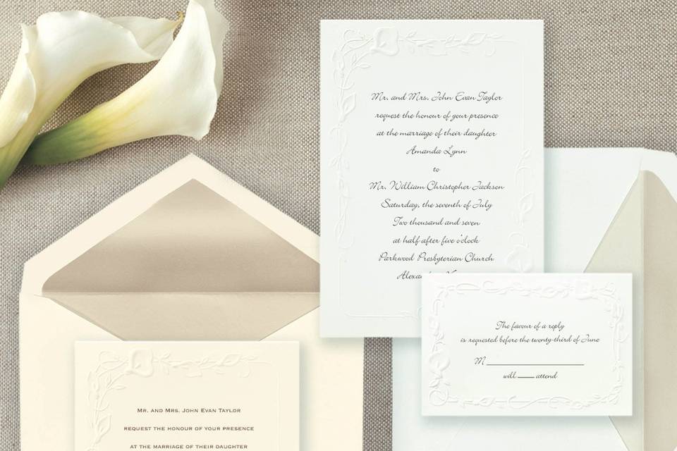 Calla Lily Beauty - Artfully embossed calla lilies border this classic non-folding wedding invitation. Exclusively Weddings offers this invitation in three classic paper colors: Bright White, Soft White and Ecru. Matching thank you note cards are also available in Soft White and Ecru only. Order Your Free Sample Today!