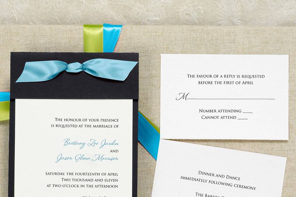 Color Duet - This simply chic invitation is sure to impress. Assembly is a breeze: Place the invitation on the backer card and fold down the top, thread your ribbon through the pre-cut holes and trim. Exclusively Weddings offers this invitation in black and brown. Ribbon sold separately in a wide array of colors. Order Your Free Sample Today!