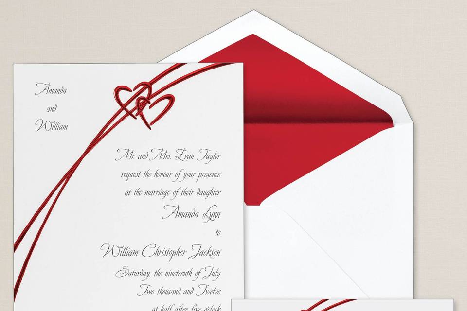 Soaring Hearts - Along with a romantic soaring heart design, this non-folding card features the couple’s names on the front of the invitation. Exclusively Weddings offers the heart design in your choice of red or silver. Order Your Free Sample Today!