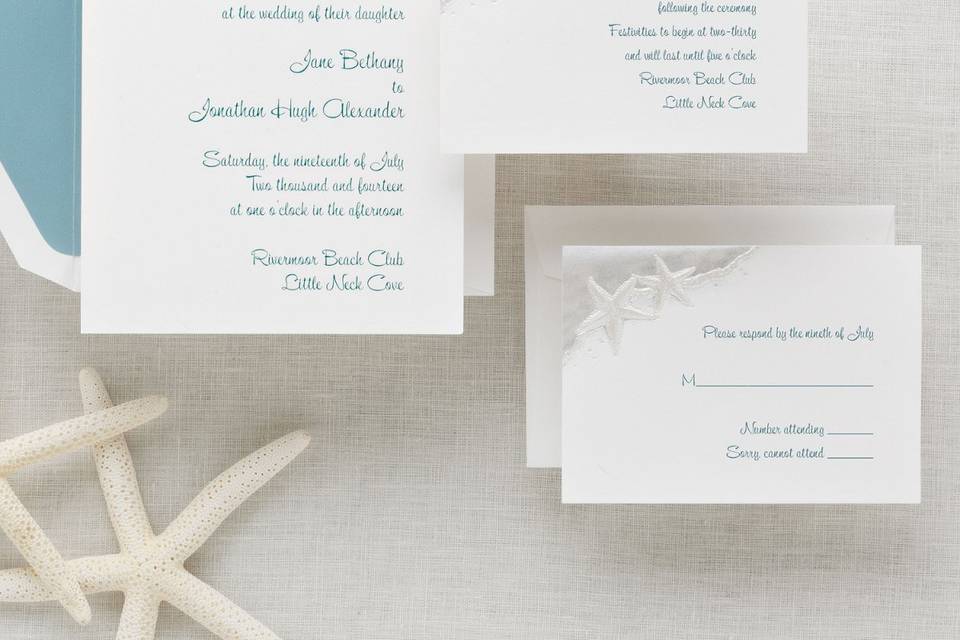 Starfish - Awash in a sea of love --- that's the impression your guests will receive when they open the envelope to discover two starfish riding the edge of the wave on this serene wedding invitation. Embossing and a watercolor foil printing give depth and shimmer to this magical wedding ensemble from Exclusively Weddings. Order Your Free Sample Today!