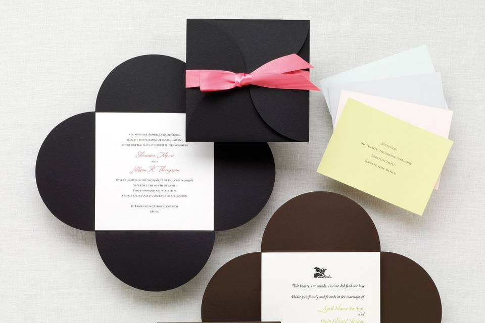 Petal Wrap - Anticipation grows as each petal unfolds to announce your special day. This invitation set includes everything you need to share your exciting news and assembly is a breeze. Exclusively Weddings offers your choice of five reception card paper colors: Pink, Citron, Teal, Bright White and Antique White. The wrap is available in your choice of Black or Brown. Satin ribbon, in a wide array of colors, is sold separately. Order Your Free Sample Today!