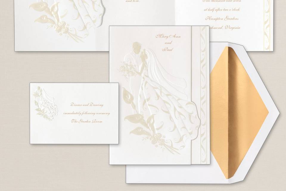 Paris Bride - A chic band of deep metallic color highlights the creamy pearlized paper stock for this sleek wedding invitation. This wedding invitation is part of the Uptown Bride collection from Exclusively Weddings, full of sophistication and style. Available in Pearlized Latte and Pearlized White. Order Your Free Sample Today!