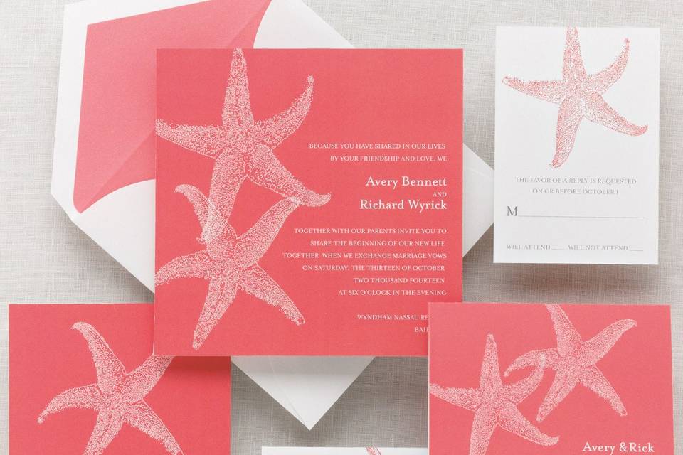 Imperial Starfish - Two large starfish embellish the side of this contemporary square wedding invitation. Exclusively Weddings offers a choice of four tropical hues: coral, seashell yellow, Caribbean blue, and sand dune. It's the perfect invite for your destination or beach themed wedding. Order Your Free Sample Today!