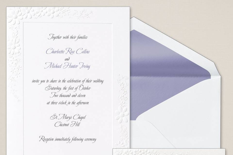 Fresh As A Daisy - Cheerful daisies distinguish the border of this classic fold-over bright white invitation from Exclusively Weddings.   Order Your Free Sample Today!