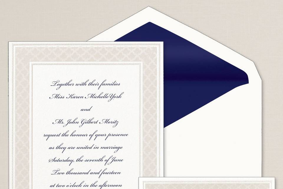 Luminous Border - A luminous lattice border adds interest to this classic non-folding bright white card from Exclusively Weddings. Order Your Free Sample Today!