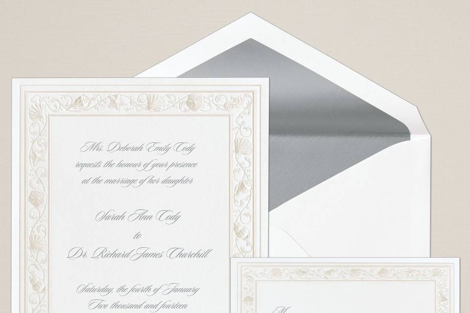 Luminous Border - A luminous lattice border adds interest to this classic non-folding bright white card from Exclusively Weddings. Order Your Free Sample Today!