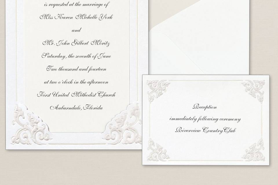 Dynasty Corners - An elaborate corner design adds an elegant touch to this non-folding card from Exclusively Weddings. Your invitation wording is printed on a vellum overlay that slips under each decorative corner. Order Your Free Sample Today!