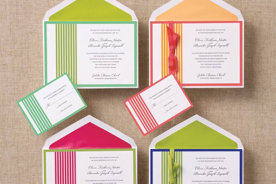 Striped Sensation - Clean, colorful and creative, these fresh invitations are sure to catch the eye. Part of the Young American Bride Collection from Exclusively Weddings. Available in 4 color combinations: Lucite Green/Dark Citron, Dark Citron/Hot Pink, Salmon Rose/Orange Cream, and Palace Blue/Dark Citron. Order Your Free Sample Today!