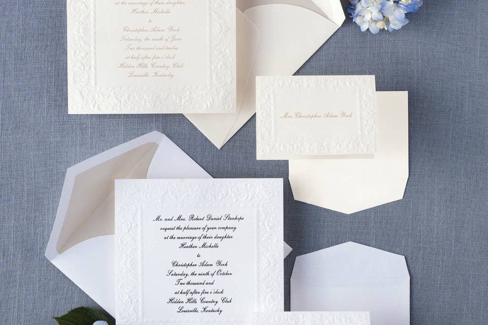 Old World Elegance - This traditional non-folding card with intricate border design gives your wedding invitation an elegant, Old World look. Exclusively Weddings offers this large, square invitation in your choice of bright white or ecru card stock. Order Your Free Sample Today!