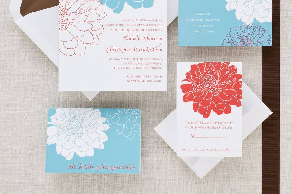 Passionate Peony - Big, bold peonies leap off the front of this striking wedding invitation. Exclusively Weddings offers four bold color combinations, letting the fashion forward bride make an unforgettable first impression: aqua and crimson, kiwi and poppy, marigold and slate gray and blush and burgundy.  Exclusive. Order Your Free Sample Today!