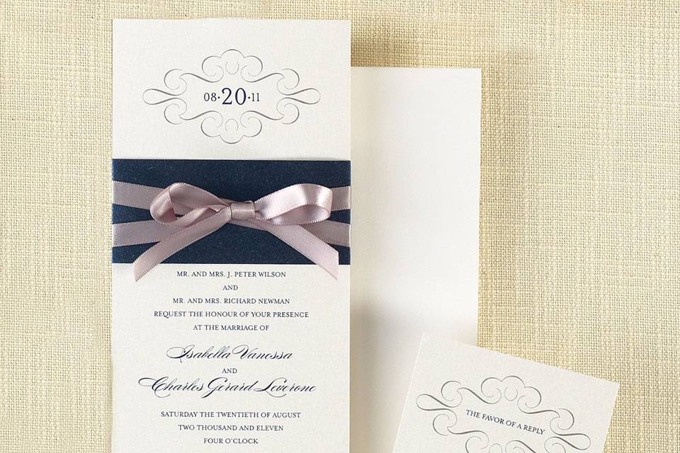 Dynasty Corners - An elaborate corner design adds an elegant touch to this non-folding card from Exclusively Weddings. Your invitation wording is printed on a vellum overlay that slips under each decorative corner. Order Your Free Sample Today!