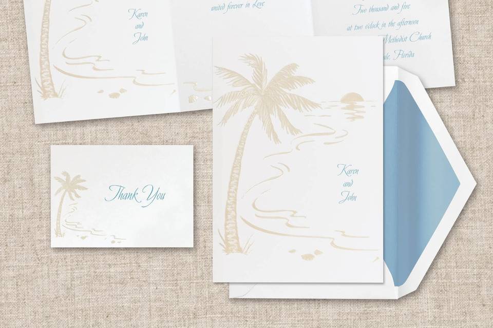 Delicate Flowers - A charming embossed floral border accentuates this non-folding, bright white card from Exclusively Weddings. Order Your Free Sample Today!