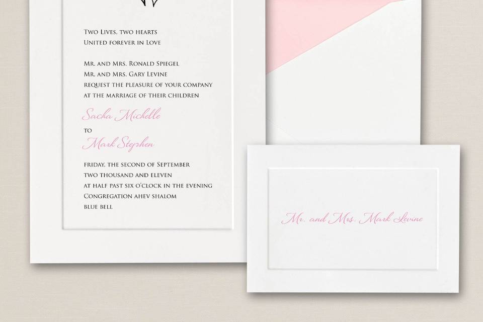 Classic Style - A simply refined and traditional wedding invitation design in a classic folding card with panel design. Exclusively Weddings offers this elegant invitation in a choice of bright white or traditional white. Order Your Free Sample Today!