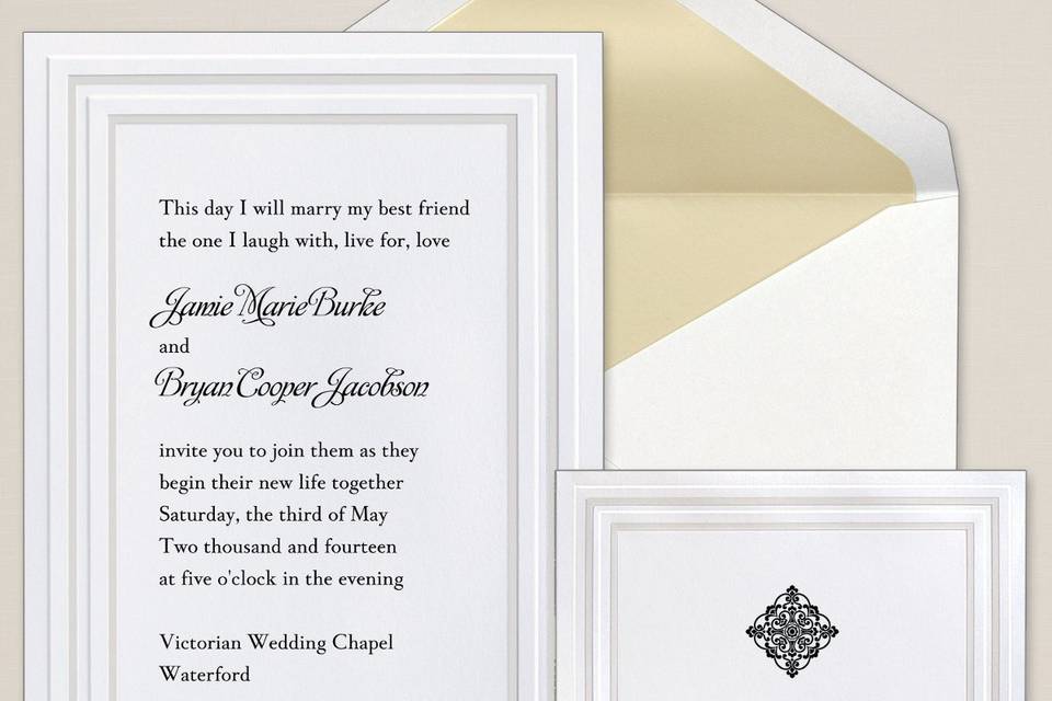 Sophisticated Style - A double panel with pearlized trim frames your wording on this elegant non-folding card from Exclusively Weddings. Order Your Free Sample Today!