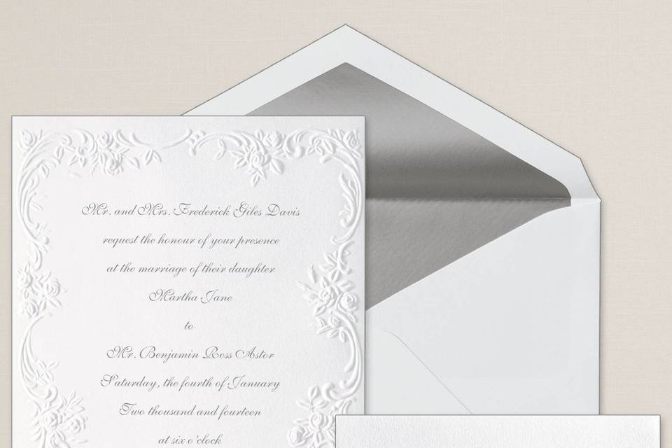 Victorian Roses - An embossed, ornate roses and scroll design adds a vintage look to this classic non-folding card from Exclusively Weddings. Order Your Free Sample Today!