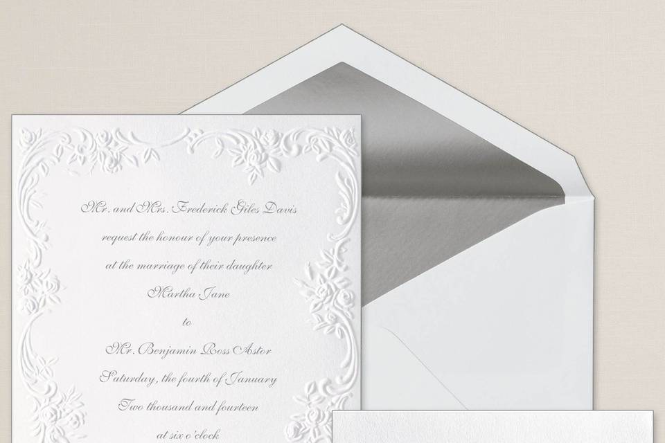 Classic Style - A simply refined and traditional wedding invitation design in a classic folding card with panel design. Exclusively Weddings offers this elegant invitation in a choice of bright white or traditional white. Order Your Free Sample Today!