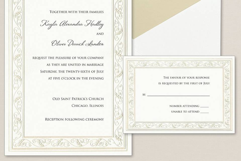 Floral Vine - Softly elegant, this non-folding card boasts a vine motif border, setting an elegant frame for your wording. Exclusively Weddings offers a choice of border color in either pearl or silver. Order Your Free Sample Today!