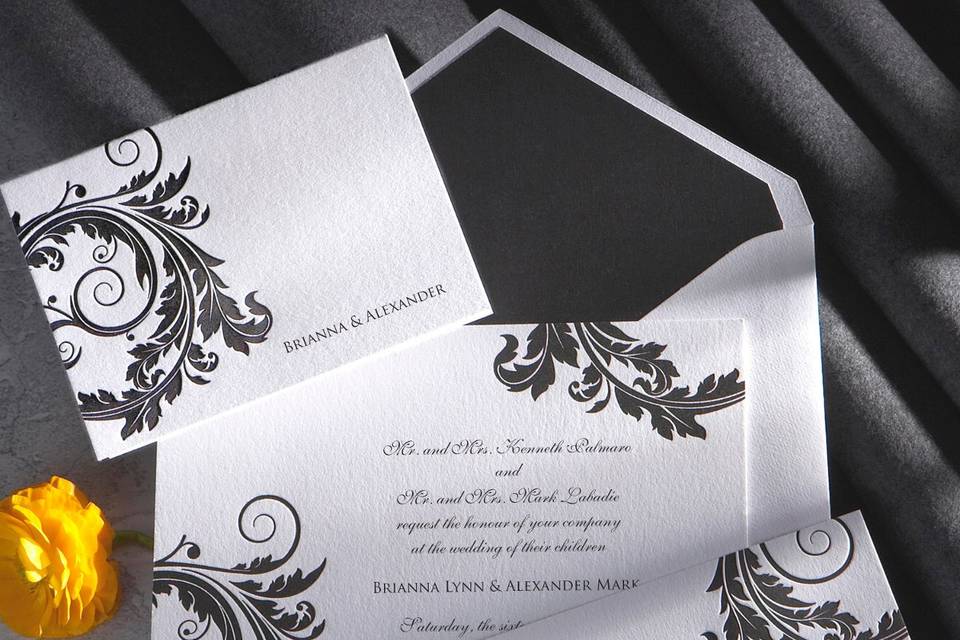 Venice - Beloved for centuries as a symbol of creativity and longevity, the graceful acanthus is quite naturally an ideal way to invite your loved ones to share your special day. The timeless icon, however, becomes suddenly trend-setting when rendered in dramatic black or breezy sky blue. Designed by Exclusively Weddings. Order Your Free Sample Today!