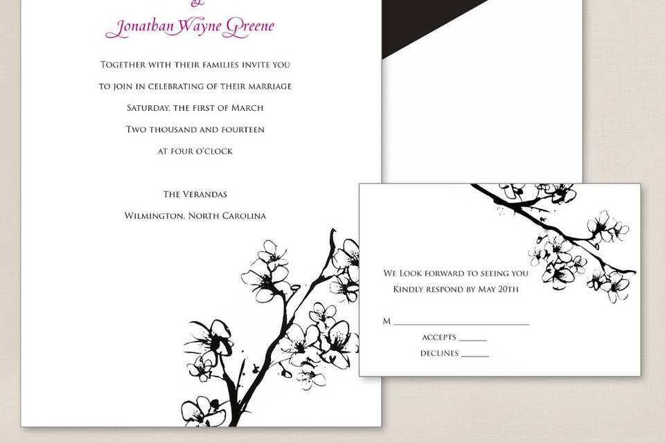 Cherry Blossoms - Such a beautifully minimalist design, this distinctive wedding invitation, designed by Exclusively Weddings, has an almost Zen-like serenity and grace. The intricately drawn cherry blossoms, symbols of a bright future, are foil stamped in black foil for a lustrous look. Order Your Free Sample Today!