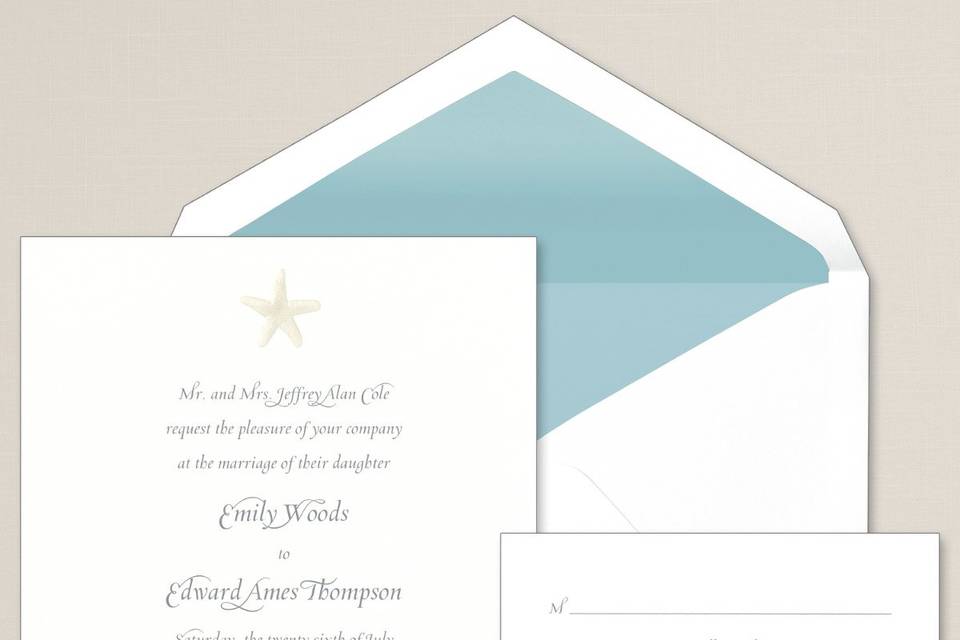 Seaside Style - Play up your beach theme or summertime wedding celebration with this artfully designed wedding invitation. Delicately embossed starfish and seashell motifs add a detailed touch to this seaside ensemble. Exclusively Weddings offers this invitation on bright white card stock. Order Your Free Sample Today!