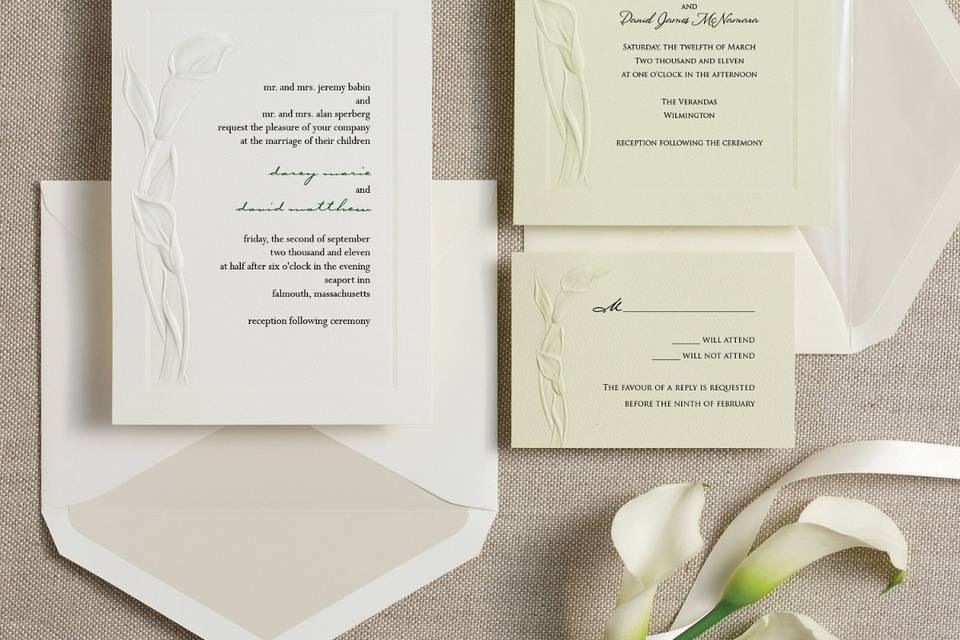 Calla Lovely - Sheer elegance and style is showcased in the Calla Lovely Wedding Invitation design in which an embossed calla lily frames the left side of this classic invitation. The deeply embossed border adds further texture. Exclusively Weddings offers your choice of traditional white or a soft willow green textured card stock. Order Your Free Sample Today!