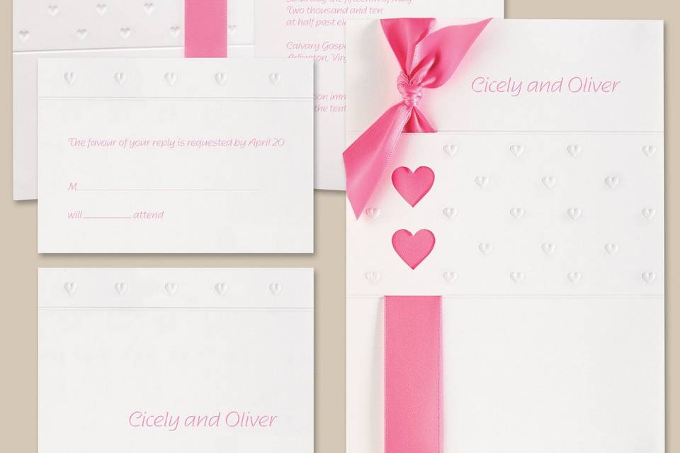 Sweet Hearts - Die-cut twin hearts and small, blind-embossed hearts are featured on this romance-inspired invitation. The heart motif also decorates the reception, response and thank you cards  to create a coordinated wedding stationery collection. Add a splash of color with satin ribbon in your color choice (sold separately). Exclusively Weddings offers this invitation in bright white, ballet pink and teal. Designed by Exclusively Weddings. Request Your Free Sample Today!