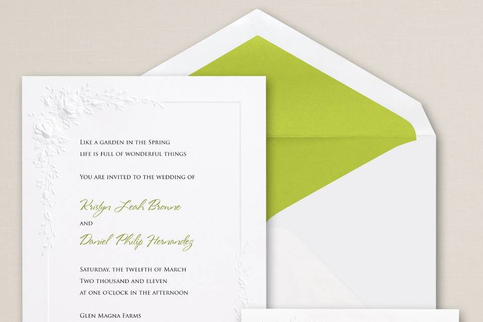 Simply Colorful - Traditional with a colorful twist, this heavy bright white card stock is subtly trimmed in one of eight popular wedding colors. Add a motif or monogram for extra flair. Exclusively Weddings offers matching thank you note cards for that complete, colorful look. Order your Free Sample Today!