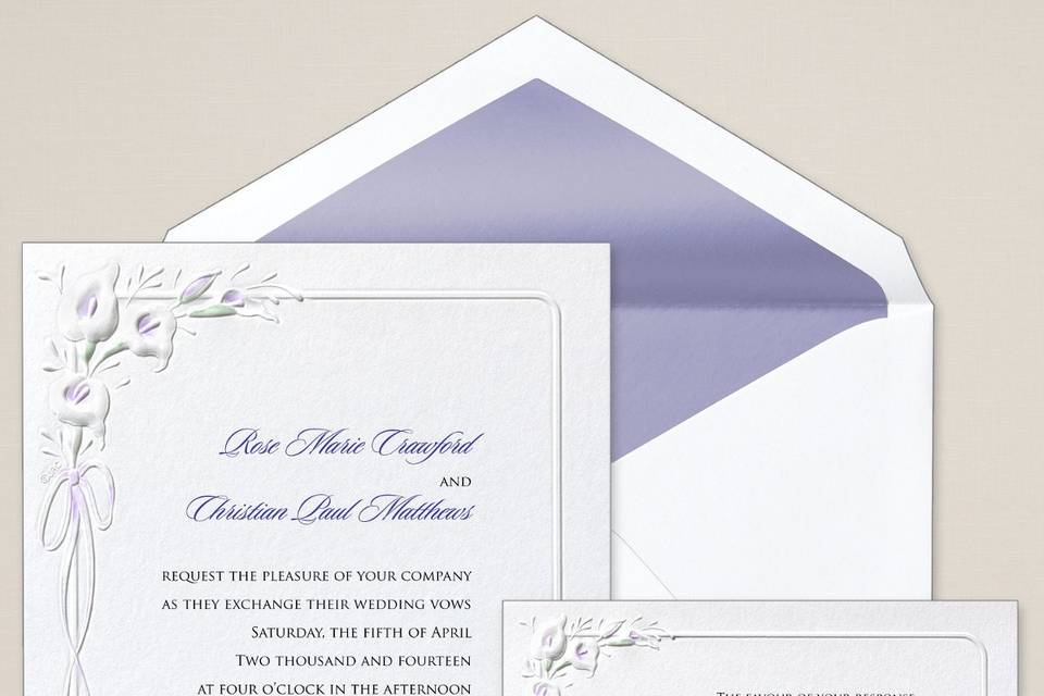 Calla Lilies - A traditional wedding invitation featuring classic calla lilies embossed on bright white card stock. Simply select the wedding invitation wording that perfectly fits your style. Exclusively Weddings offers this invitation accented in your choice of purple or wine. Order Your Free Sample Today!