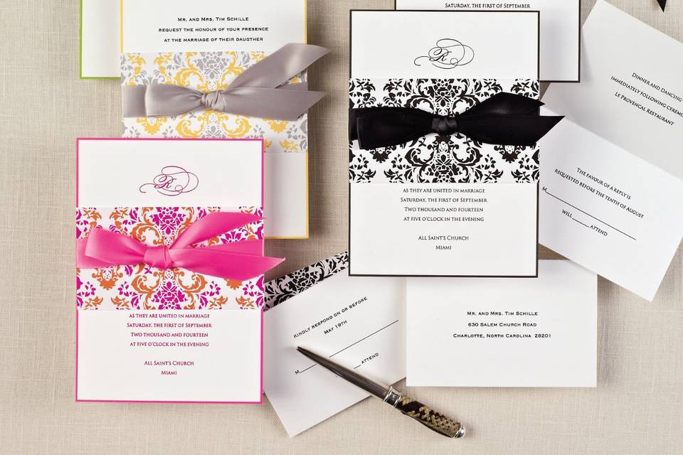 Delightfully Damask- Make a striking statement with our exclusive Delightfully Damask wedding invitation that combines bold hues with a beautifully intricate damask pattern. Everything you need is in this all-inclusive invitation kit. Exclusively Weddings offers this design in 4 accent color choices. Order Your Free Sample Today!