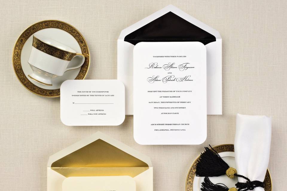 Elegant Damask - A stunning damask pattern with floral accents adorns the outside of this wedding invitation in a traditional ecru paper stock. To coordinate your wedding day theme or color, a piece of pre-cut satin ribbon is included. Also available in bright white paper stock. Order Your Free Sample Today!